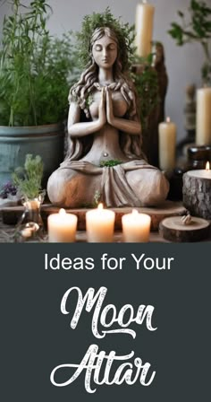 a buddha statue sitting on top of a table next to candles and potted plants