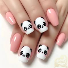 Panda Acrylic Nails, Koala Nails Designs, Panda Nails Art, Panda Nails Designs, Panda Nail Art Design, Nail Panda, Kids Manicure Ideas, Cute Animal Nail Art, Panda Nails