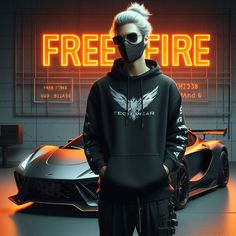 a man wearing a face mask standing in front of a sports car with the words free fire on it