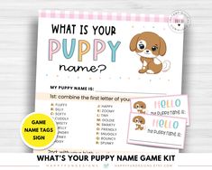 the puppy name game kit is shown with an image of a brown dog on it