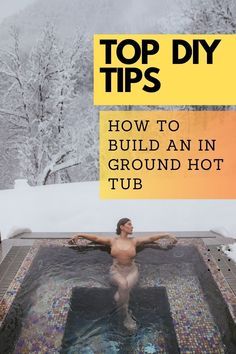 a man standing on top of a hot tub in the middle of snow covered ground