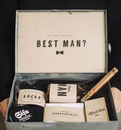 a man's best man gift box filled with personal items