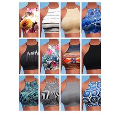 six different types of bra tops on mannequins with blue sky in the background