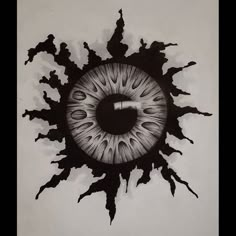 a drawing of an eyeball in the center of a circle with black splots