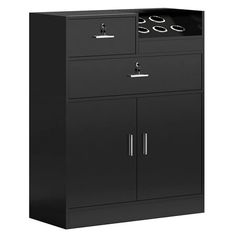 a black cabinet with two doors and three drawers