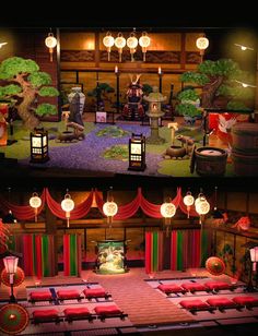 the stage is decorated with red and green drapes, lanterns, lights, and decorations