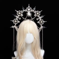 Silver Gothic Halo Crown Headpiece Lolita Sun Goddess Queen Tiara Pearl Beaded Chain Headband Angelic Headpiece, Recycled Headdress, Goddess Headpieces, Angel Costume Ideas, Queen Tiara, Queens Tiaras, Chain Headband, Crown Headpiece, Halo Crown