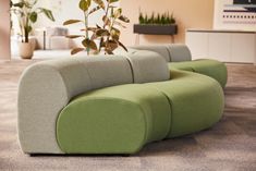 a green and grey couch sitting on top of a floor next to potted plants