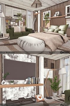 three different views of a bedroom and living room