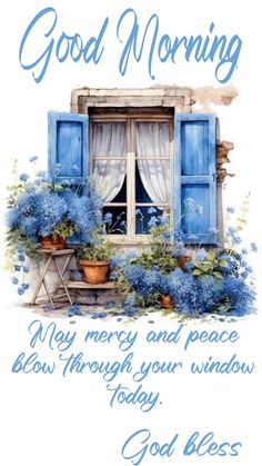 a greeting card with blue flowers in front of a window and the words good morning