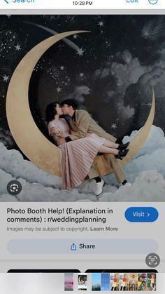 an image of two people kissing on the moon with stars and clouds in the background