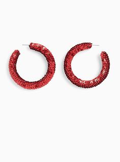 A pair of oversized hoop earrings are decorated with red sequins that create a bold statement. Post backs. Man-made materials. Imported. The best plus size women's red sequin hoop earrings in red. Torrid is your destination for cozy fall and winter clothes to keep you warm and comfortable. Red Small Hoop Earrings For Party, Small Red Hoop Earrings For Party, Trendy Christmas Party Jewelry, Trendy Hoop Earrings For Party, Glamorous Small Hoop Earrings For Party, Trendy Red Hoop Earrings For Party, Red Glitter Jewelry For Party, Red Round Hoop Earrings For Festivals, Red Hoop Earrings For Festival