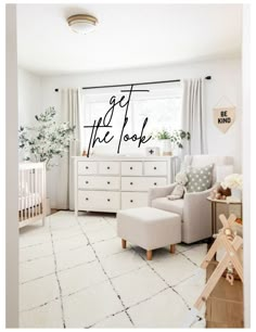 a baby's room with white furniture and the words get the look above it