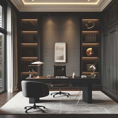 a home office with built - in shelving and lighting