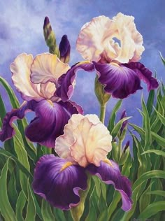 painting of purple and white flowers against a blue sky