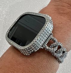 "Fits Apple Watch new Ultra 49mm 1/2,  This is a custom Iwatch Candy Apple Watch Band with Large Links set with Pave Swarovski Crystal in a luxury Silver Alloy Metal.  The sparkle on this band is amazing.  The band has a toggle chain closure.   Can be adjusted to fit wrist sizes from 5.75\" to 8\".   Please measure your wrist before purchasing to ensure it's a good fit. You can select the set band+bezel, band only or bezel cover only using the drop down menus. **This listing is for the 49mm only Apple Watch New, Watches Aesthetic, Bezel Band