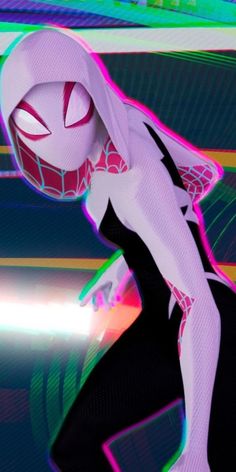 an animated spider - man character in front of colorful lines