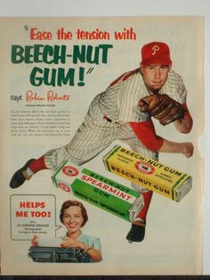 an old baseball advertisement with a man holding a bat and some gums on it