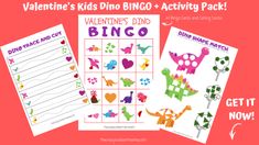 valentine's day activity pack for kids with dinosaur and dino printables on them