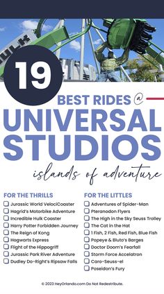 19 Best Rides at Islands of Adventure [printable checklist] Universal Studios Orlando Rides List, Universal Studios Checklist, Universal Studios Orlando Attractions, Motorbike Adventure