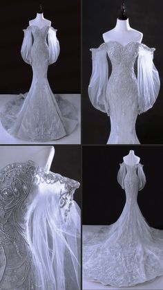 four different views of the back of a wedding dress with long sleeves and veils