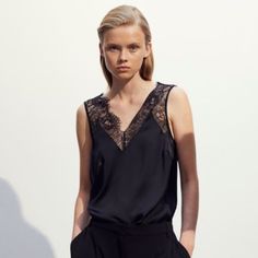 H&M Double V Lace Blouse - Black Sleeveless Top In Satin With A Lace Section At The Top And A V-Neck Front And Back. **Model Showing A Very Very Similar Top. But It’s Not Exact. The Stock Photo From Hm Is The Same Top Though Black Lace Blouse, Black Sleeveless Top, Blouse Black, Black Sleeveless, Lace Blouse, Black Blouse, At The Top, Black Color, Sleeveless Top