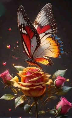 a butterfly flying over a flower with lots of petals