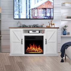 a television mounted on the wall above a fireplace