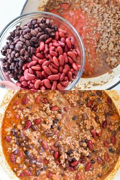 three bowls filled with different types of beans