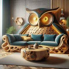 a living room with an owl sculpture on the wall