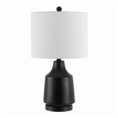 a black table lamp with a white shade