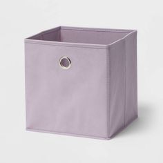 a purple storage bin with a ring on the front and bottom, sitting against a white background