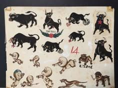 an old book with various stickers on the pages and pictures of bulls in different positions