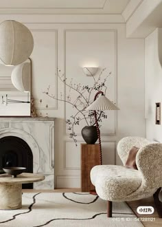 an elegant living room with white walls and furniture