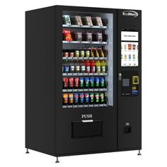 a vending machine with drinks and sodas on the front, sitting in front of a white background