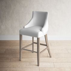 a white leather bar stool in front of a wall with a wooden floor and light colored walls