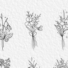 four different types of flowers are shown in black and white, one is drawn on paper