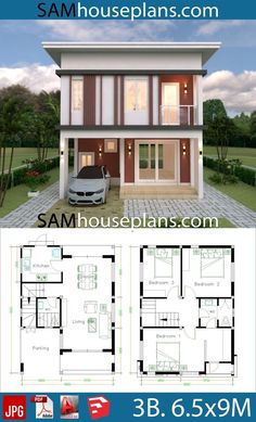 two story house plan with garage and living room in the middle, three bedroom on each floor