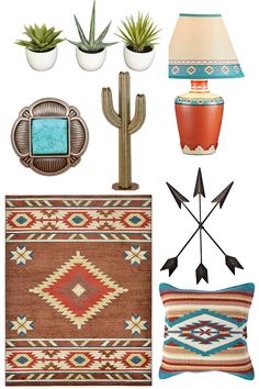 an assortment of home decor items including a lamp, rugs and other things to decorate