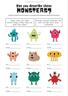 an interactive worksheet for children to learn how to describe and understand different types of monsters