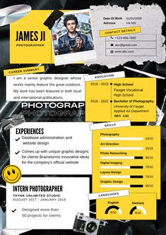 a yellow and black resume is shown in this graphic design style, with an image of a