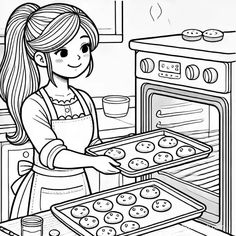 a girl is baking cookies in the oven