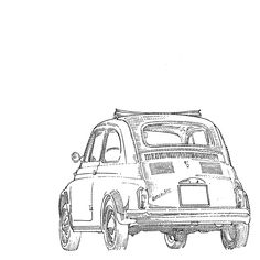 an old car is shown in this black and white drawing, it looks like the back end