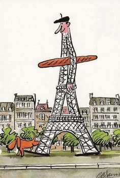 a drawing of the eiffel tower with a person holding a piece of bread