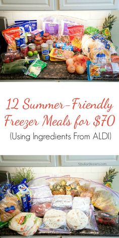 two pictures with the words, 12 summer - friendly freeze meals for $ 10 using ingredients from aid