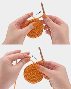 two pictures showing the same crochet pattern as they are being used to make an ornament