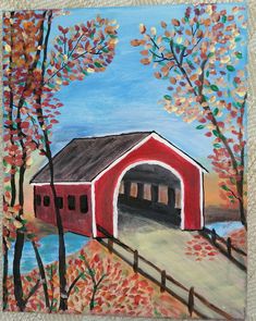 a painting of a red covered bridge in autumn