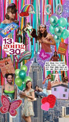 a collage of photos with balloons and other things in the background, including an image of a woman