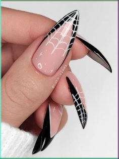 Let your Halloween nail game reach new heights and make a bold statement with effortlessly stylish spider web nails! Spider Stilleto Nails, Halloween French Tip Nails Design, Halloween French Nail Designs, Black French Tip Halloween Nails, Web Nail Design, Halloween French Tips, Finger Claws, Spider Web Nails, Web Nails