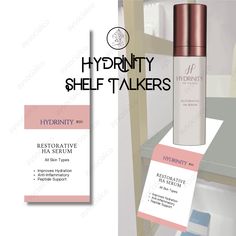 a bottle of hydonity shelf talkers next to a sign with information on it